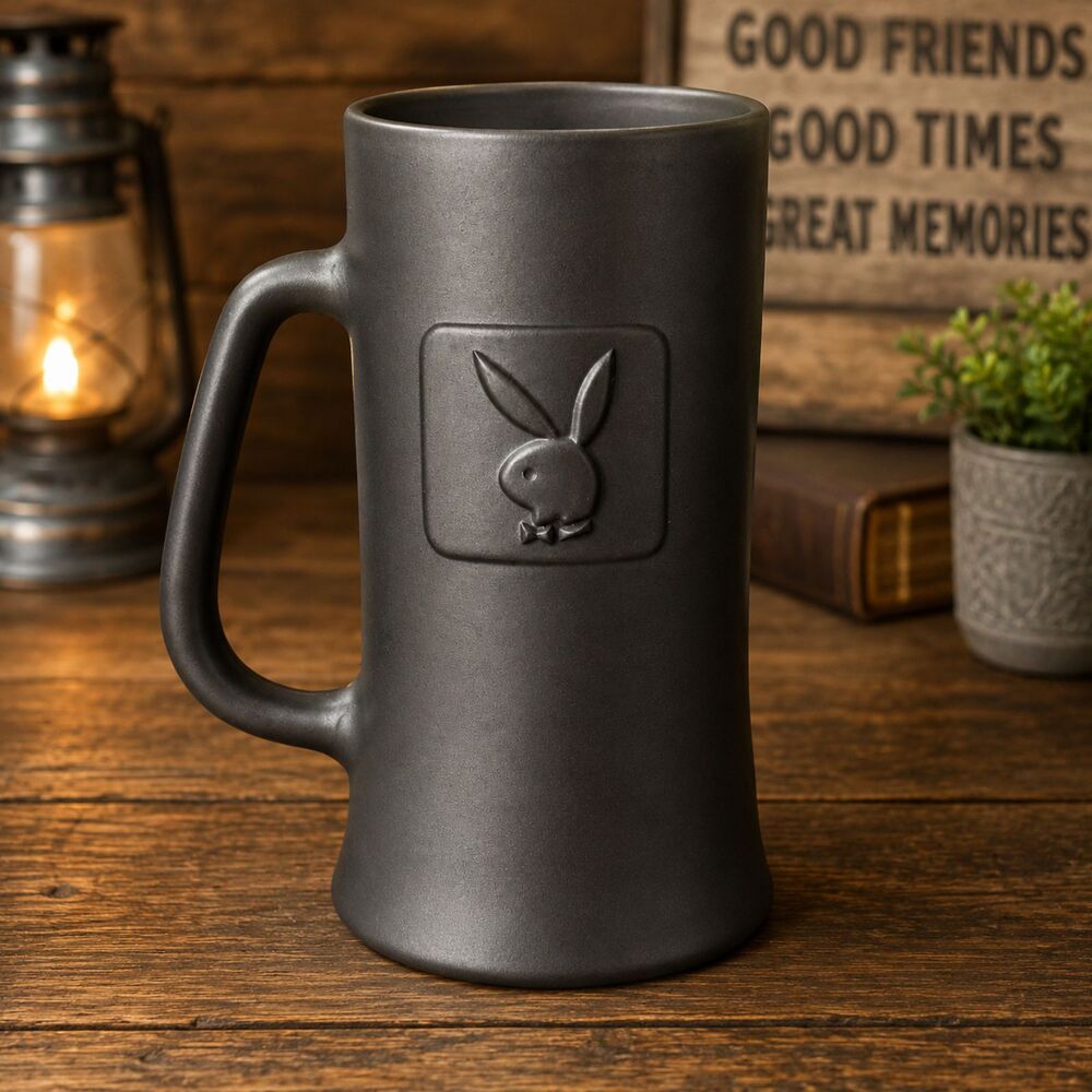 Vintage Playboy Bunny Beer Mug Stein Matte Black Glass Embossed Logo 6.25"